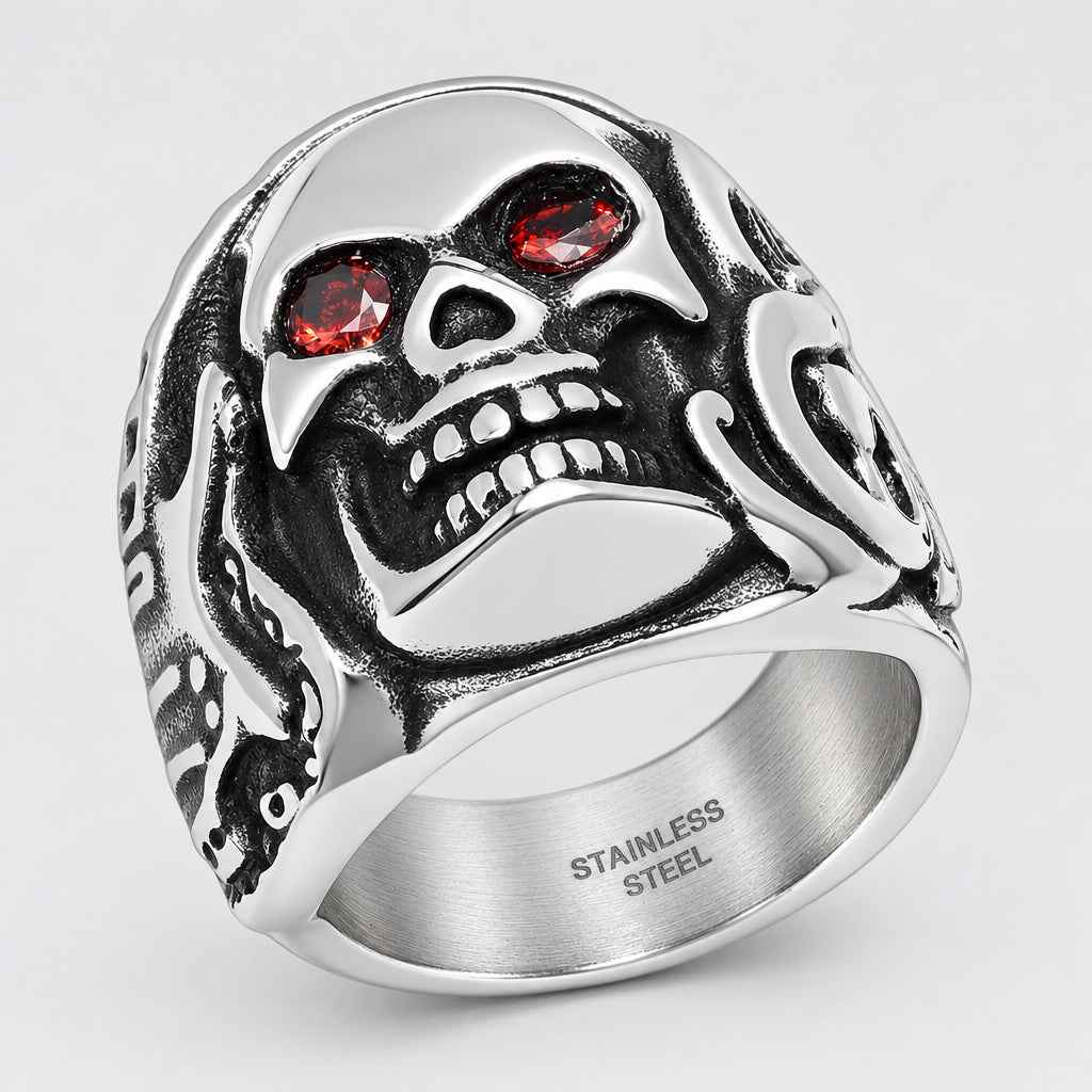 Men’s Stainless Steel Skull Ring with Red Eyes