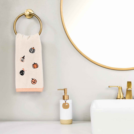 SKL Home Halloween Tossed Pumpkins Hand Towel 2 pc Set for Bath/Kitchen/Bar & Gift