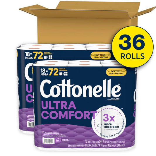 Cottonelle Toilet Paper, 36 Mega Rolls = 144 Regular Rolls (2 Packs of 18), Ultra Soft (Formerly Ultra Comfort), Soft Bathroom Tissue, 244 Sheets per Roll, Packaging May Vary 🍁 All In One Marketplace Canada