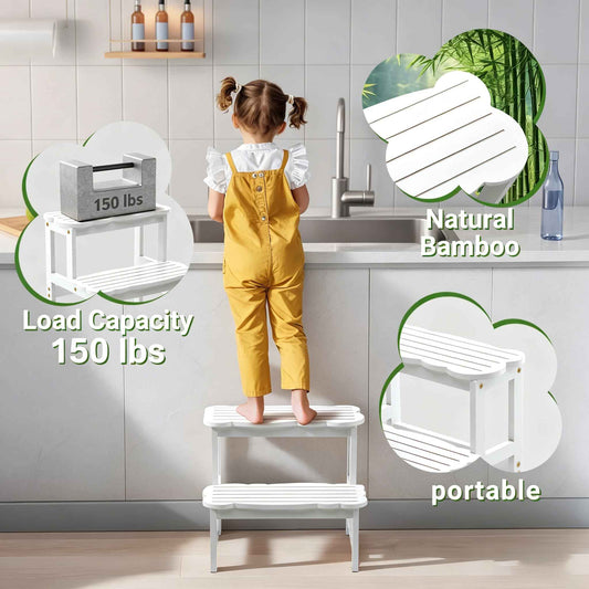 COSYLAND Bamboo Step Stool, Two Step Stools Toddler 300 lbs Capacity with Safety Non-Slip Pads, Bamboo Step Stool for Bathroom, Kitchen Dual Height Step Stools for Kids (White) ๐ All In One Marketplace Canada
