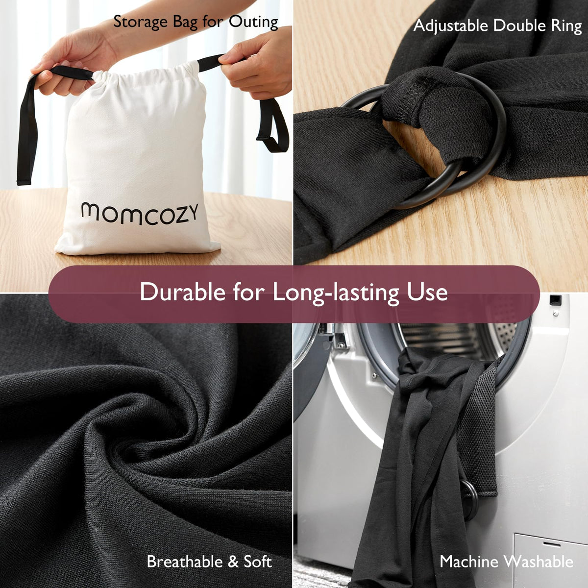 Momcozy Baby Wrap Carrier Slings, Infant Carrier Slings for Newborn up to 50 lbs, Baby Wrap Adjustable for Adult Fits Sizes XXS-XXL, Easy to Wear Baby Carriers, Ergonomic Front Facing/Back, Black đ All In One Marketplace Canada