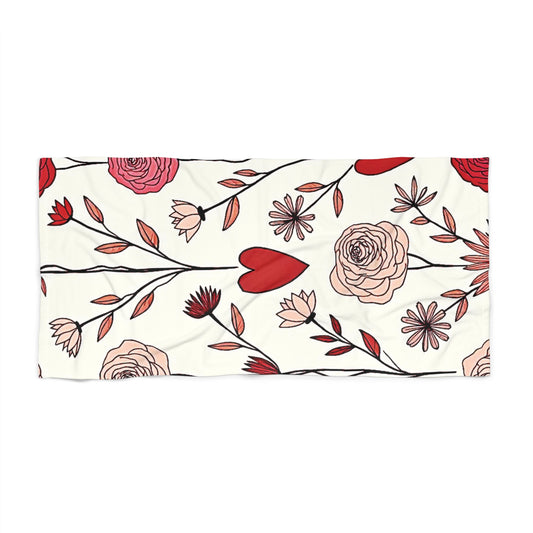 Floral Hearts Beach Towel ā Red Rose & Heart Pattern Summer Towel