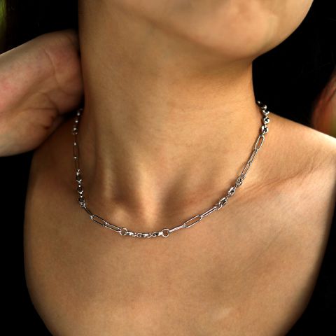 AMMA Silver (White Gold) Paper-Clip & Oval-Beads Chain Necklace