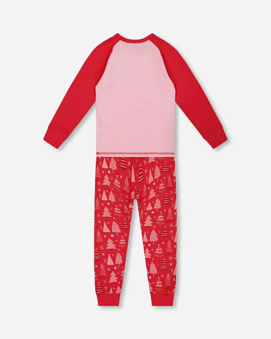 Organic Cotton Two Piece Pajama Set Red Printed Christmas Tree