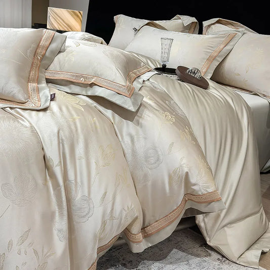Royal Retreat Floral Jacquard Patchwork 800 TC Duvet Set - Cream