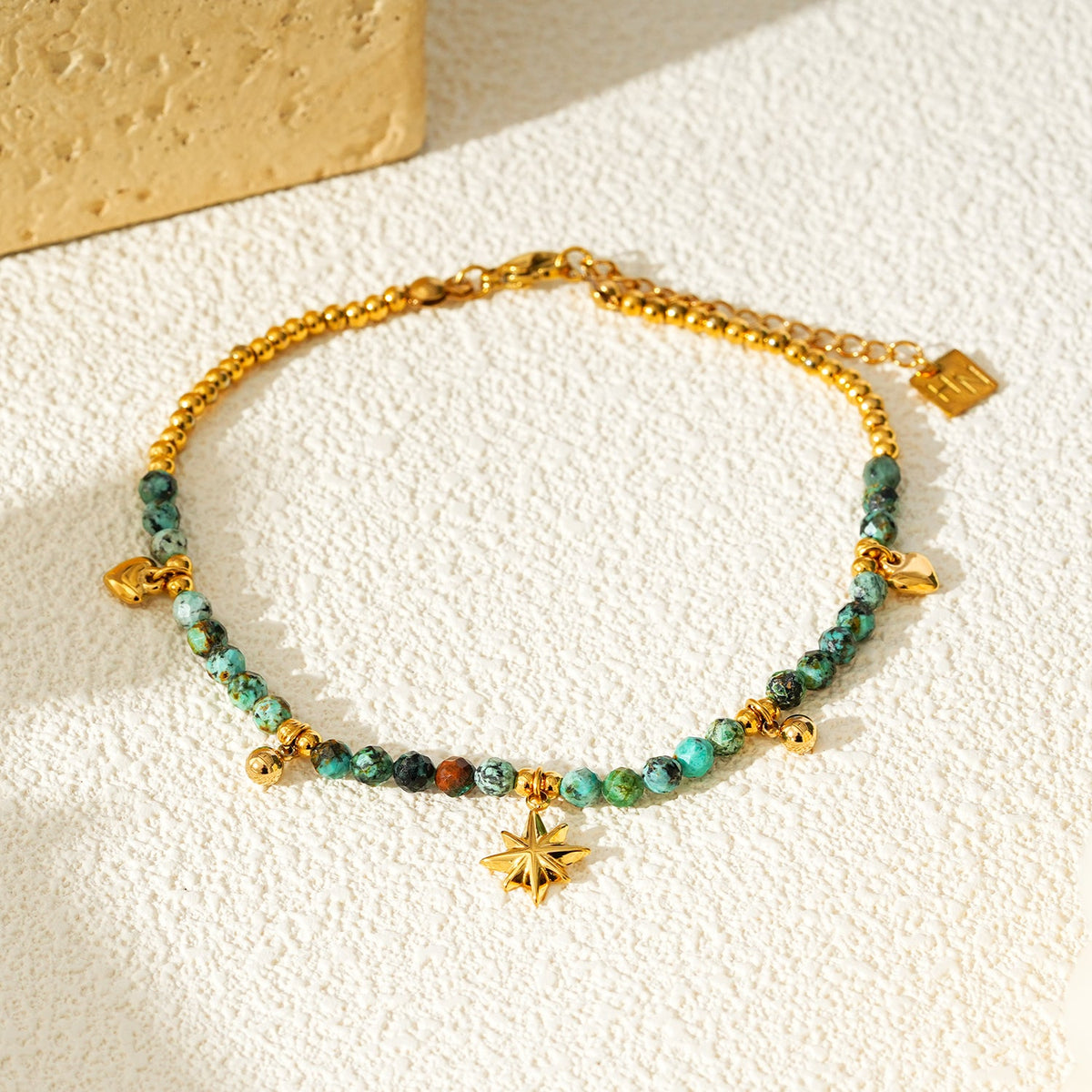 KAVYA LG: Blue Turquoise Stones with Gold Beads & Charms Chain Anklet