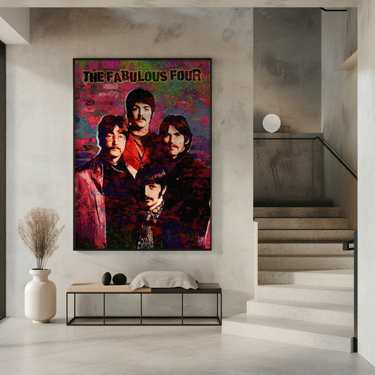 Fabulous Four Colourful Music Portrait Collage Canvas Wall Art