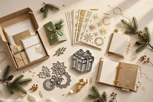 Christmas papercraft gifts for cardmakers flat-lay on a warm cream background