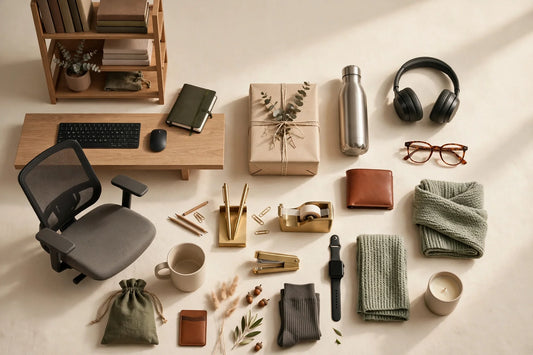 Early-afternoon gift ideas for him — home office flat-lay
