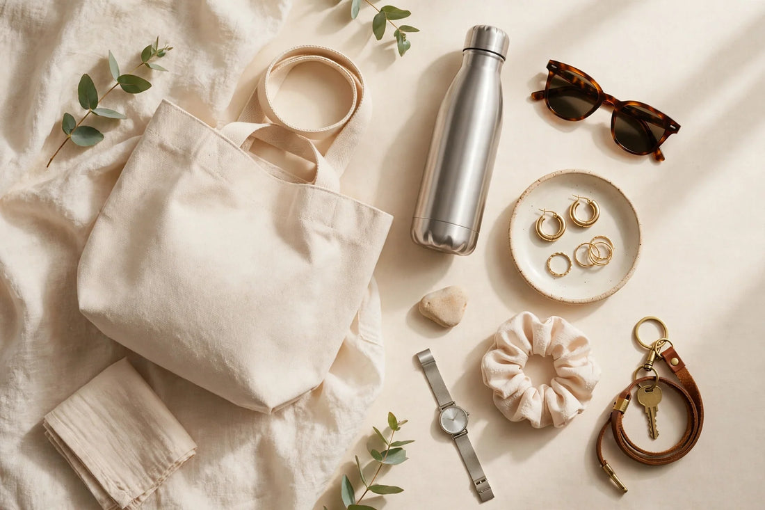 Wide elegant e-commerce flat-lay of morning essentials — chic everyday finds like a stylish tote, sunglasses, water bottle and small accessories — arranged on a warm cream background, soft fresh morning light, premium minimal styling