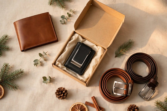 Leather bifold wallets, an RFID money-clip wallet in a gift box, and stitched leather belts with metal buckles on a warm cream background