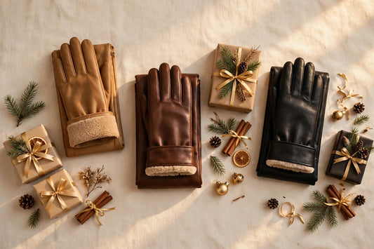 Elegant golden-hour flat-lay of warm leather winter gloves in tan, brown and black with ribboned Christmas gift boxes, pine sprigs and gold accents on a warm cream background