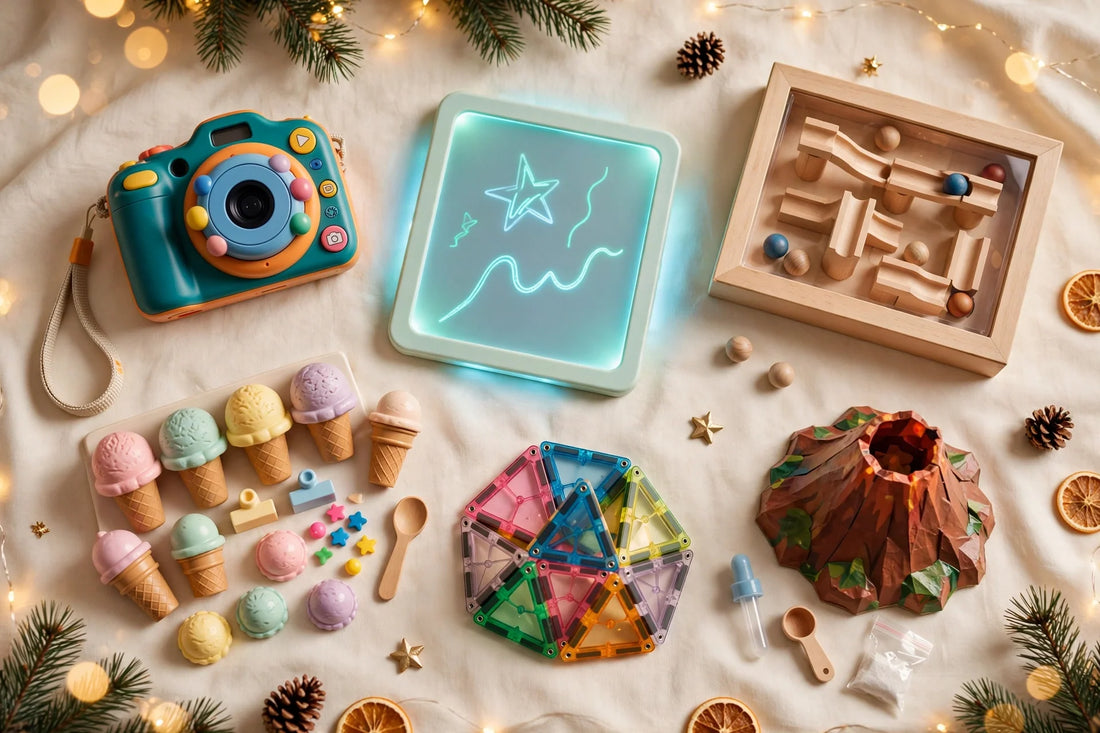 Christmas gifts for kids flat-lay on a warm cream background