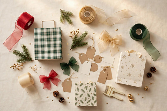 Christmas wrapping and gift supplies flat-lay on a warm cream background