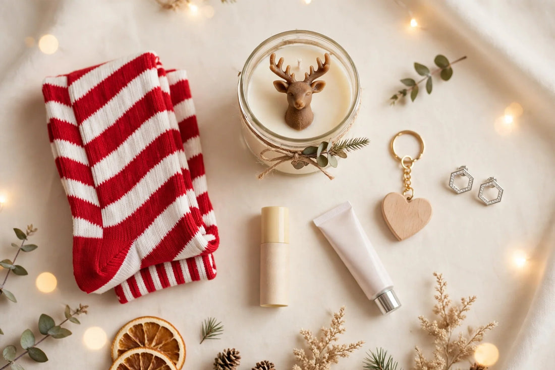 Elegant flat-lay of Christmas stocking stuffer gifts on a warm cream background with a soft festive glow