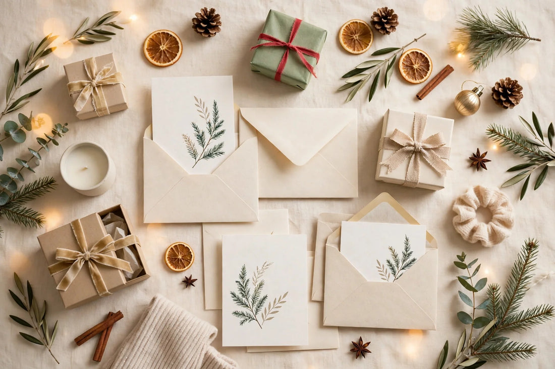 Christmas greeting card gifts under $25 festive flat-lay