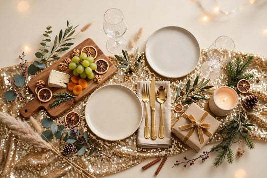 Christmas table and host gifts flat-lay