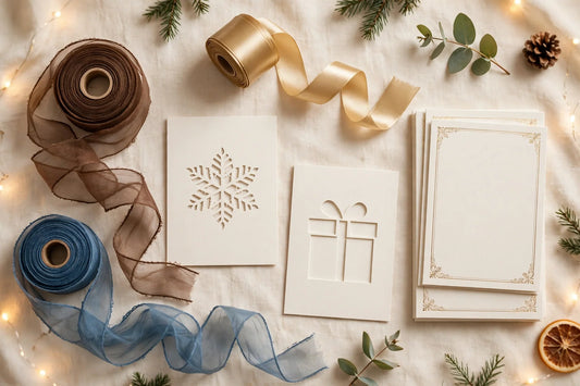 Brown and blue vintage Christmas organza ribbons, a gold satin ribbon roll, snowflake and gift-box card blanks and luxury Christmas card inserts on a warm cream background