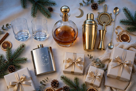 Elegant moonrise flat-lay of a whiskey decanter, whiskey glasses, a gold cocktail bartender kit, an engraved flask and ribboned Christmas gift boxes with pine sprigs on a warm cream background