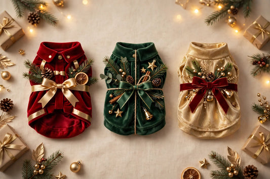 Festive Christmas dresses for dogs flat-lay on a warm cream background