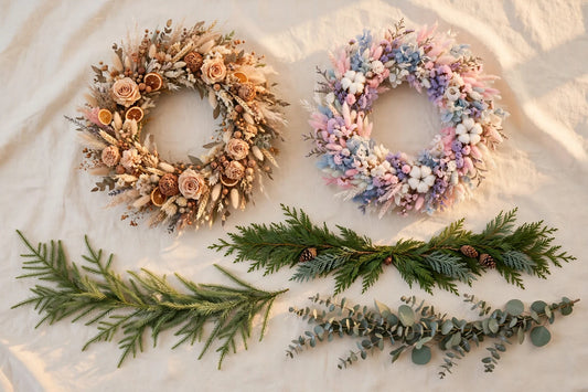 Christmas wreaths and garlands flat-lay on a warm cream background