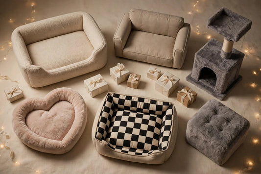 Nightcap gift picks for pet lovers — pet beds, sofa beds, cat tree and pet ottoman flat-lay
