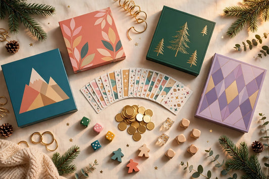 Family game night Christmas gifts flat-lay on a warm cream background