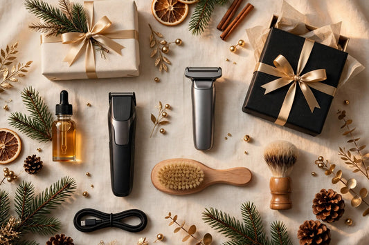 Christmas grooming gifts for him flat-lay on a warm cream background