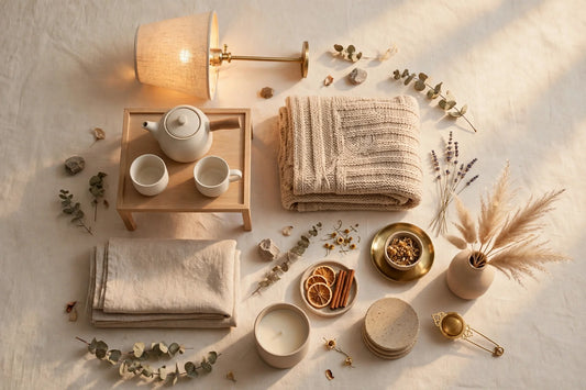 Tea-time cozy home gift picks flat-lay