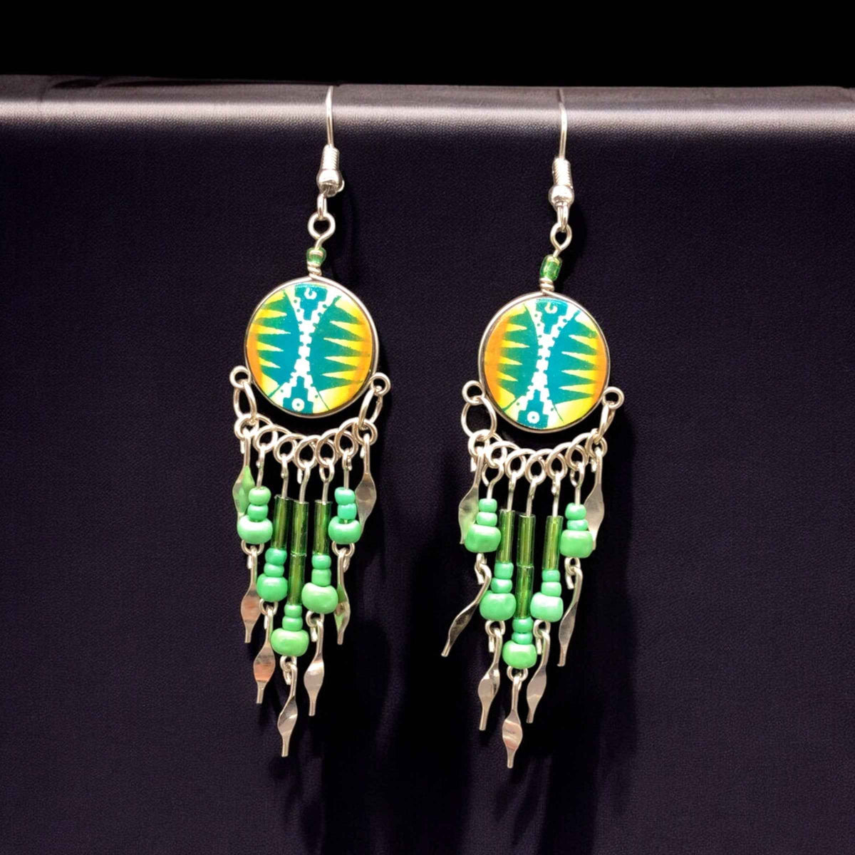Green and Yellow Southwestern Round Shaped Dangle Earrings