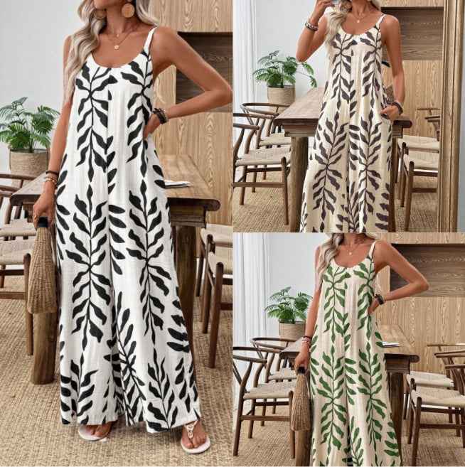 Womens Casual & Elegant V-Neck Jumpsuit With Tropical Leaf Print And Pockets For Women
