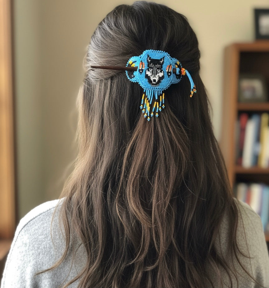 Wolf Fringed Beaded Barrette & Wooden Stick