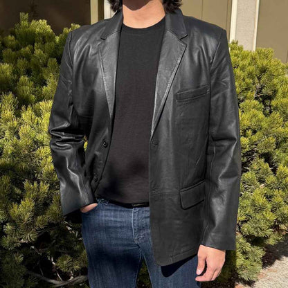 BOL Men’s Black Leather Blazer. Premium Lambskin Leather Two-Button Notch Lapel Jacket