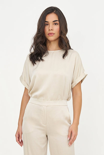 Women's Woven Crew-Neck Top, Short Cuffed Sleeves & Back Button