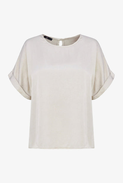 Women's Woven Crew-Neck Top, Short Cuffed Sleeves & Back Button