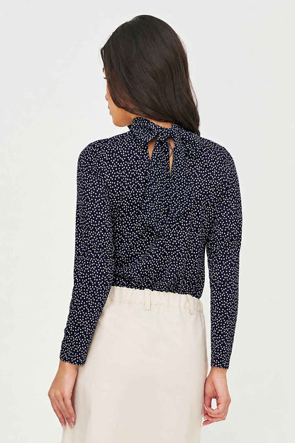 Women's Soft Printed Knit Top, Long Sleeves & Tie-Back Scarf Collar