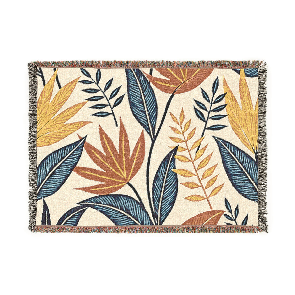 Tropical Leaf Woven Blanket — Boho Botanical Throw for Sofa & Bed