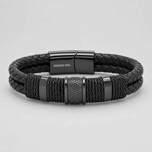 Men's Stealth Black Braided Leather & Stainless Steel Biker Bracelet