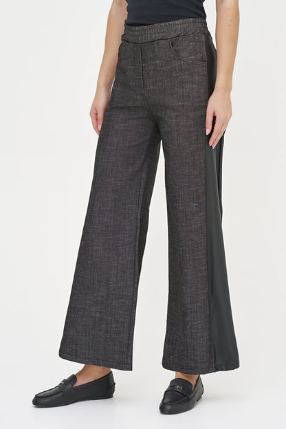 Women's Wide-Leg Pull-On Denim Pants with Faux Leather Side Trim