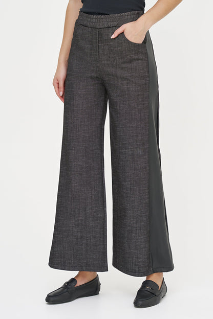 Women's Wide-Leg Pull-On Denim Pants with Faux Leather Side Trim