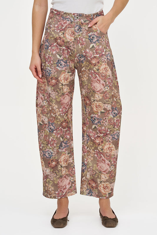 Women's Printed Woven Barrel-Leg Zip-Up Pants with Side & Back Pockets