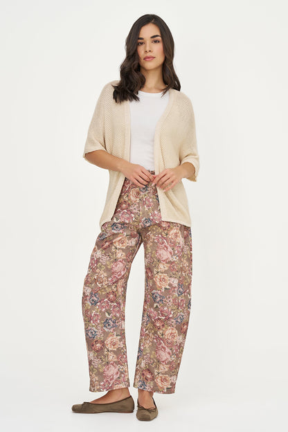 Women's Printed Woven Barrel-Leg Zip-Up Pants with Side & Back Pockets
