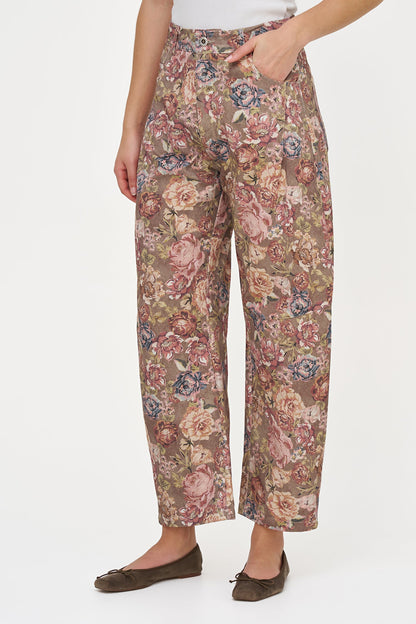 Women's Printed Woven Barrel-Leg Zip-Up Pants with Side & Back Pockets