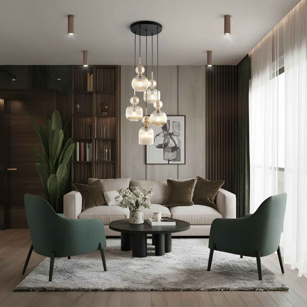 SOPHIA Cognac Ribbed Glass 5-Light Cluster Pendant for Dining, Living Room & Hallway