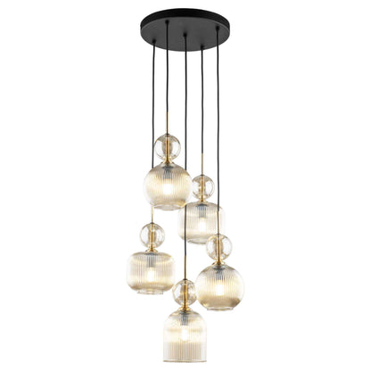 SOPHIA Cognac Ribbed Glass 5-Light Cluster Pendant for Dining, Living Room & Hallway