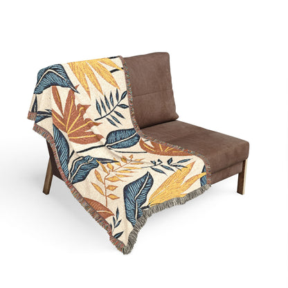 Tropical Leaf Woven Blanket — Boho Botanical Throw for Sofa & Bed