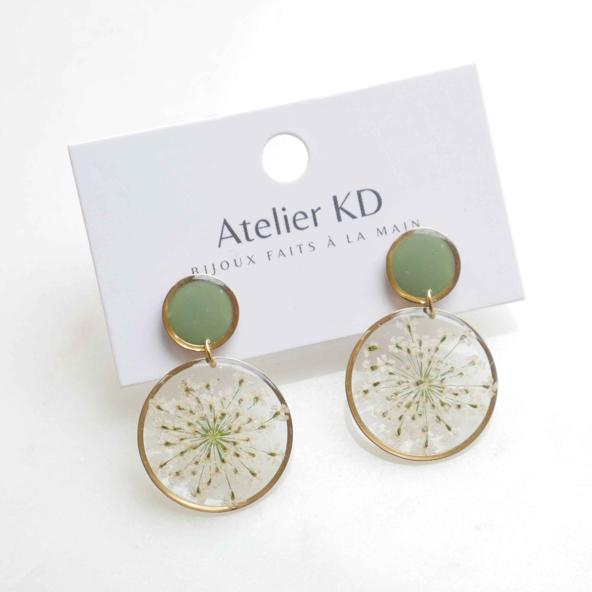 Boucles d'oreilles duo Estelle blanche et kaki - rond (25mm)