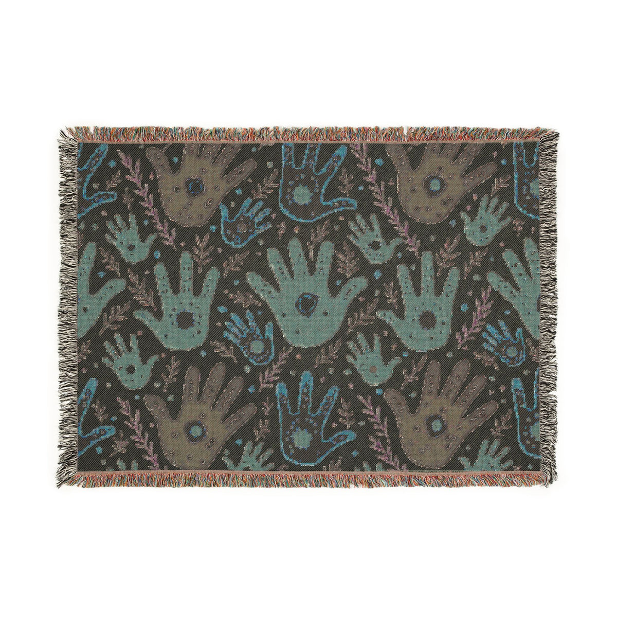 Handprint Pattern Woven Blanket — Boho Tribal Throw for Living Room, Nursery, or Gift