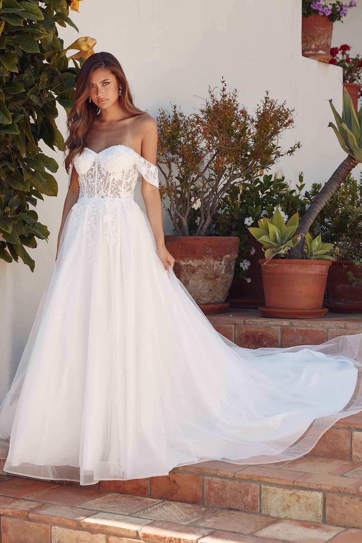 Off-Shoulder Wedding Gown with floral appliqué