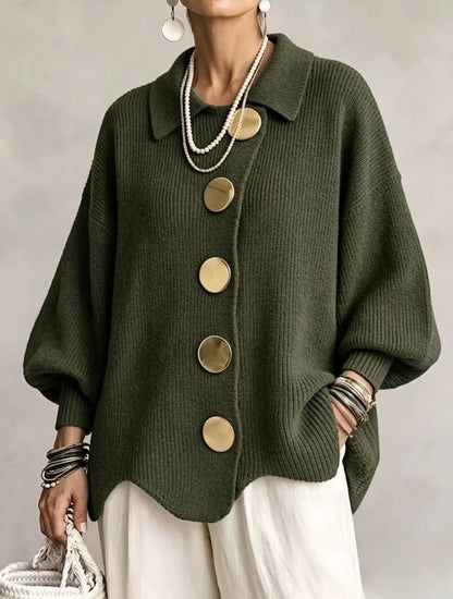 Women's button-down knit cardigan in green with gold buttons